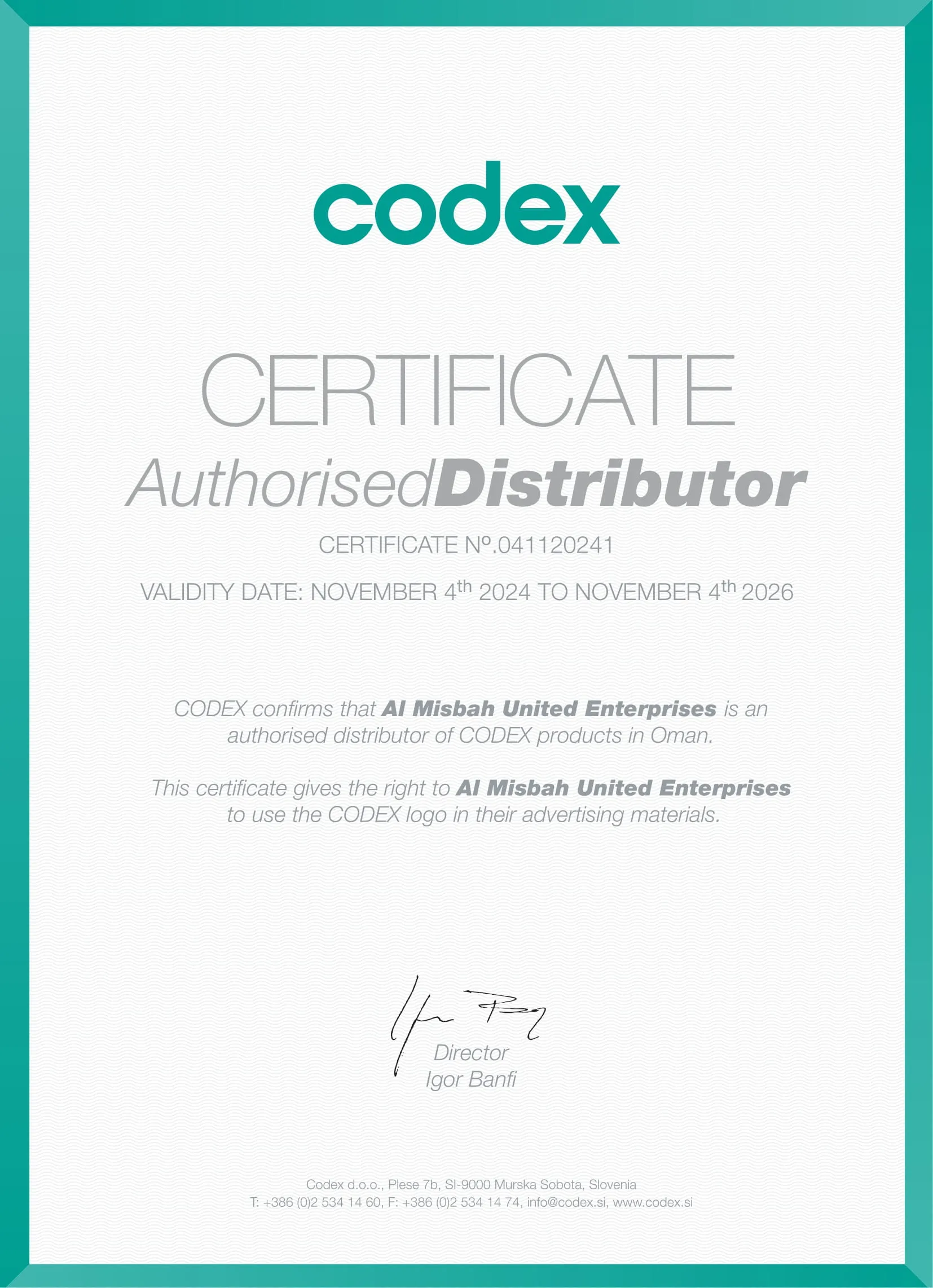 Distributor Certificate certificate from Codex
