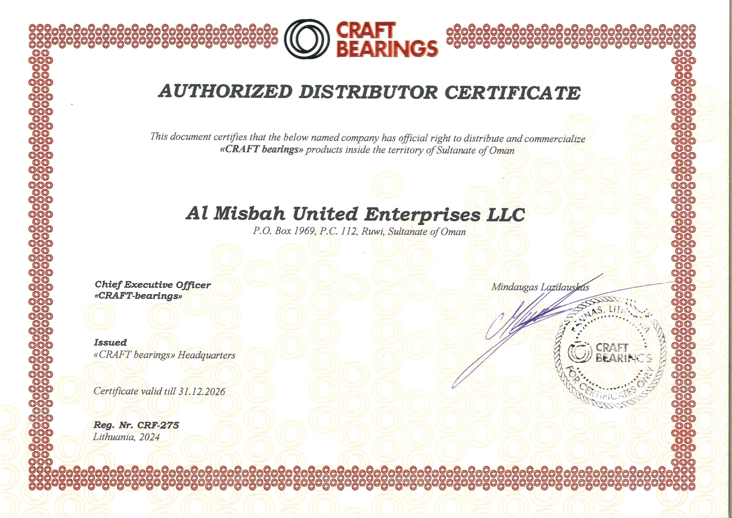 Distributor Certificate certificate from Craft Bearings